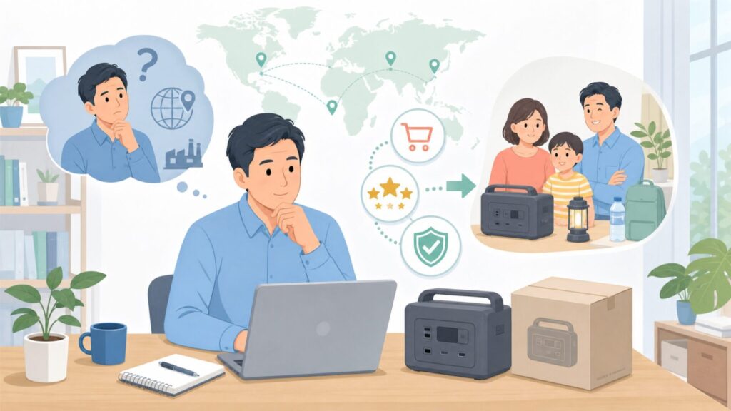 【保存版】Jackeryはどこの国のメーカー？安全性・信頼性を徹底解説の要点を表すイラスト