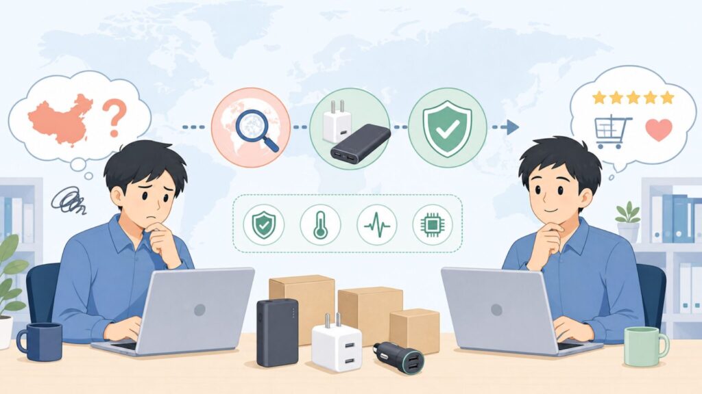 AUKEYはどこの国のブランド？中国製の安全性と信頼性を徹底解説の要点を表すイラスト