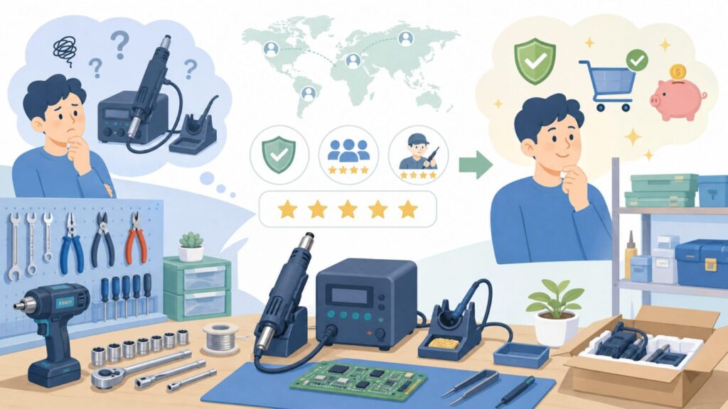SUGONはどこの国?中国製はんだごての評判と安全性・選び方の要点を表すイラスト