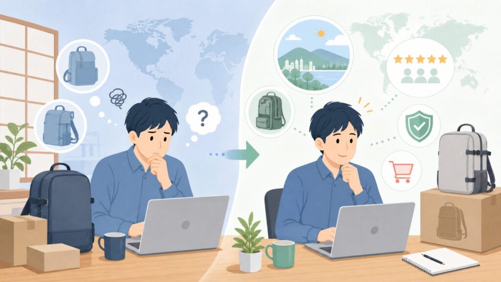CabinZeroはどこの国のブランド？設立背景から製品の特徴まで徹底解説の要点を表すイラスト