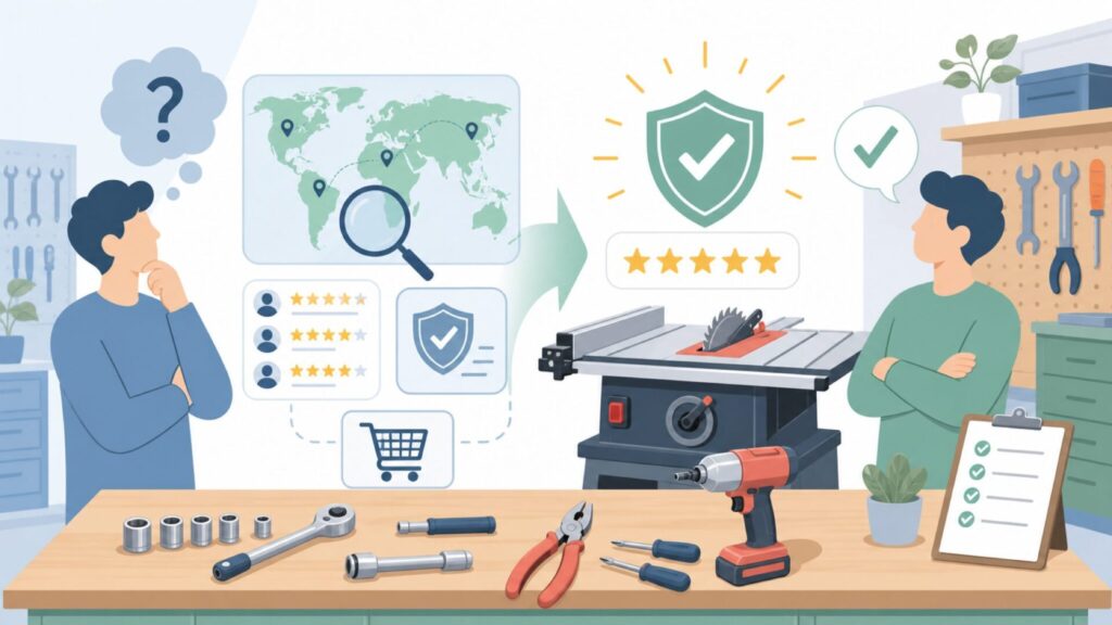 SawStopはどこの国のブランド？アメリカ発の安全テーブルソーの正体の要点を表すイラスト