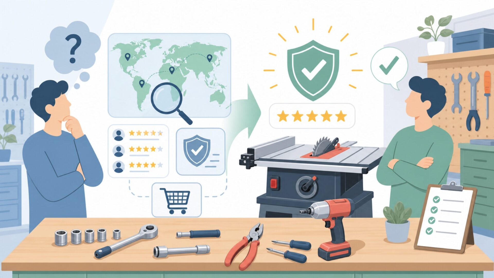SawStopはどこの国のブランド？アメリカ発の安全テーブルソーの正体の要点を表すイラスト