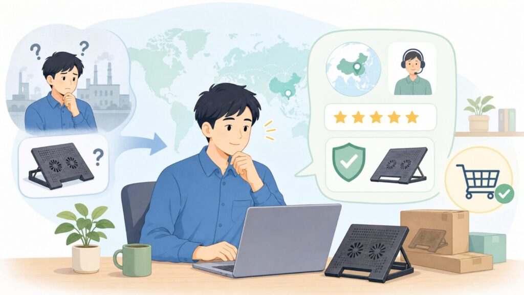Kayondはどこの国？深セン発の冷却台を安心して買える3つの根拠の要点を表すイラスト