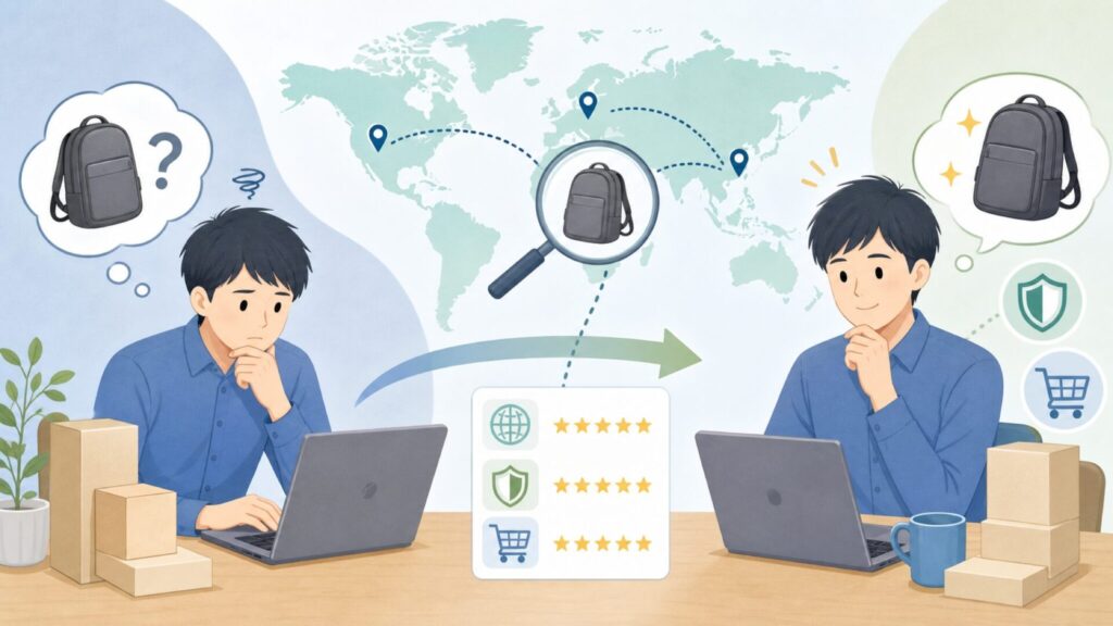 Hynes Eagleはどこの国？Amazonで買っても大丈夫か信頼性を確認してみたの要点を表すイラ