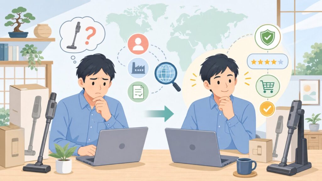 Feunesiはどこの国？サクラ評価と掃除機性能を徹底比較【2026】の要点を表すイラスト