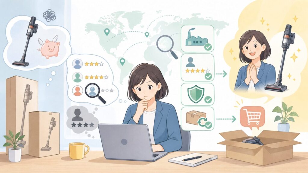 TechGoはどこの国？評判とコードレス掃除機の実力を徹底解説の要点を表すイラスト