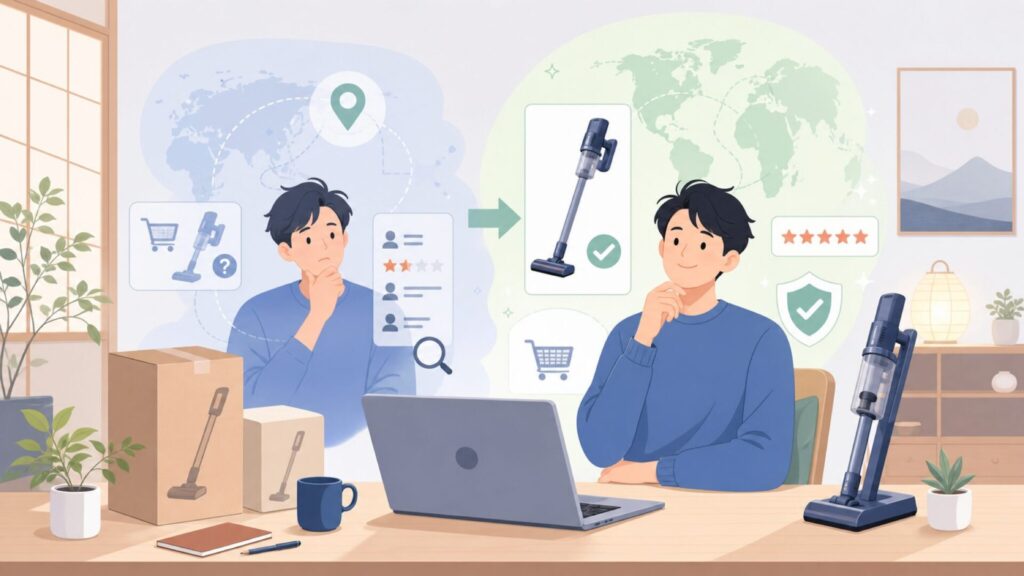 VersLifeはどこの国のメーカー？販売元・サクラレビュー・評判を全部調べたの要点を表すイラスト