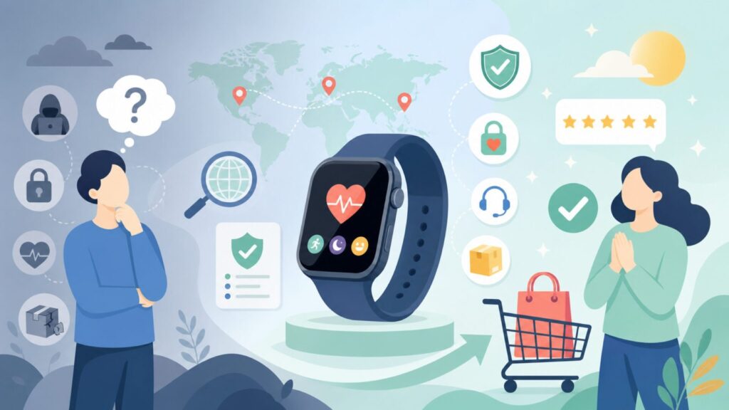 Koolepはどこの国？中国製スマートウォッチの安全性と評判を徹底解説の要点を表すイラスト