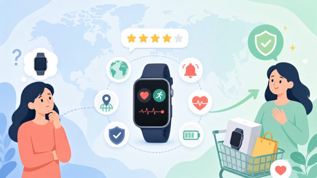 Wapikはどこの国？スマートウォッチの評判・安全性を検証【2026】の要点を表すイラスト