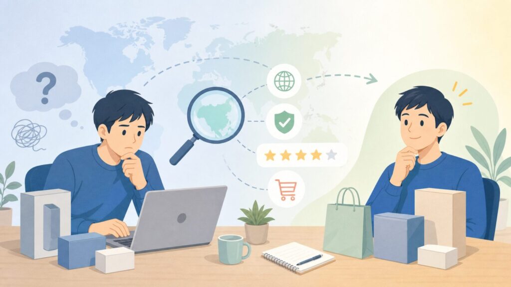 Anfierはどこの国のブランド？中国製の信頼性とサクラを徹底検証の要点を表すイラスト