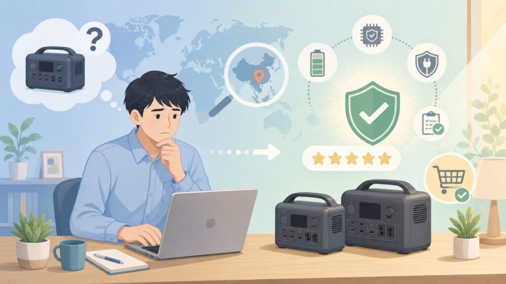 AFERIYはどこの国？深セン発ポータブル電源の安全性とJackeryとの違いを解説の要点を表すイラ