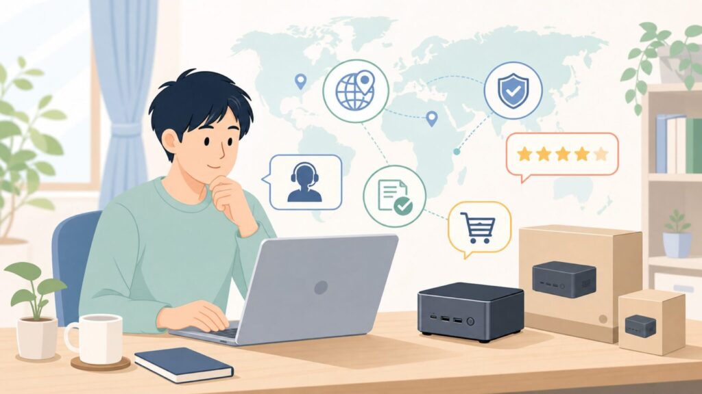 Acurus Miniはどこの国？中国製ミニPCの実態と安全な買い方を完全解説の要点を表すイラスト