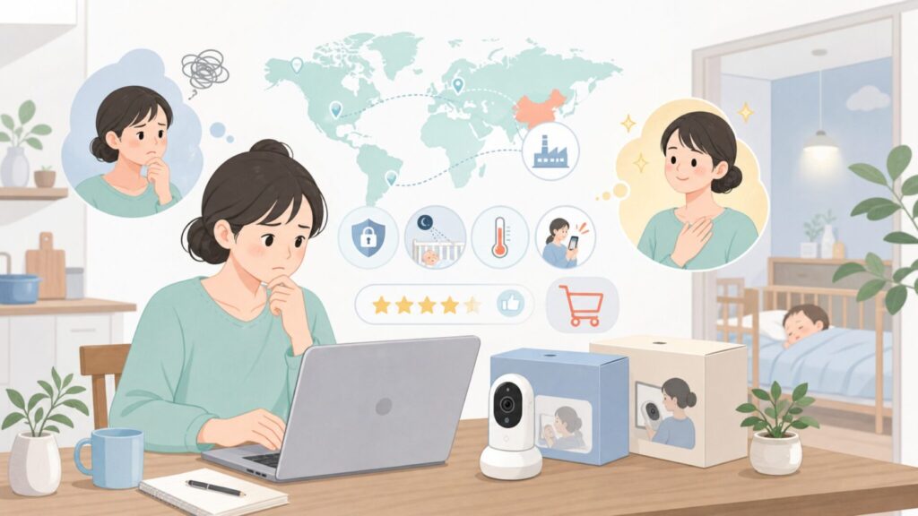 YISSVICはどこの国のブランド？中国製ベビーモニターの安全性を徹底解説の要点を表すイラスト