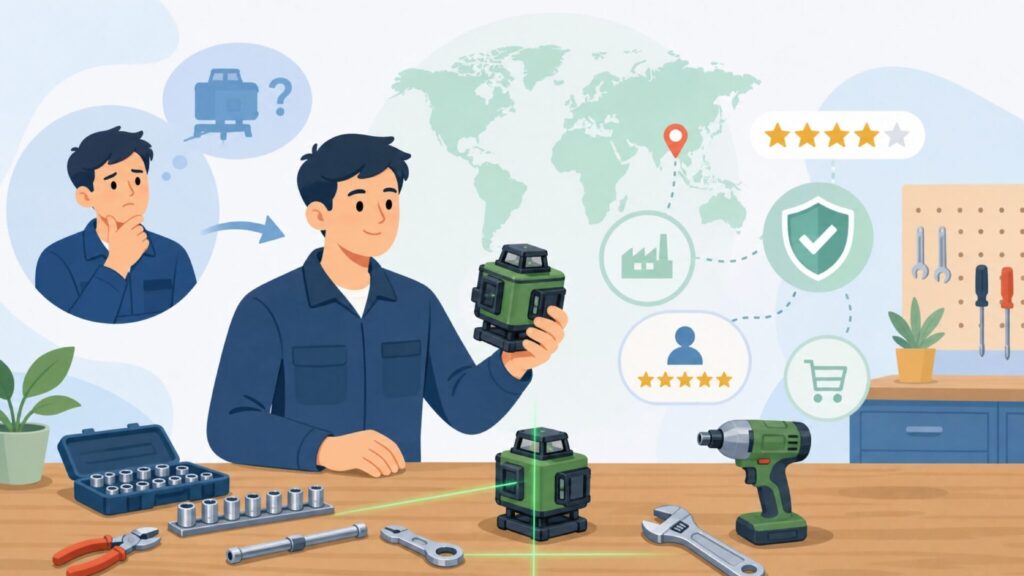 LasGooはどこの国？広州発レーザー墨出し器の正体と選び方の要点を表すイラスト