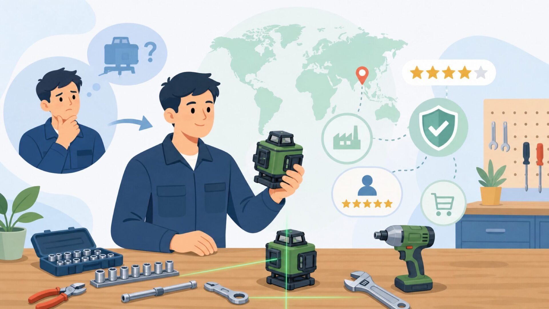 LasGooはどこの国？広州発レーザー墨出し器の正体と選び方の要点を表すイラスト