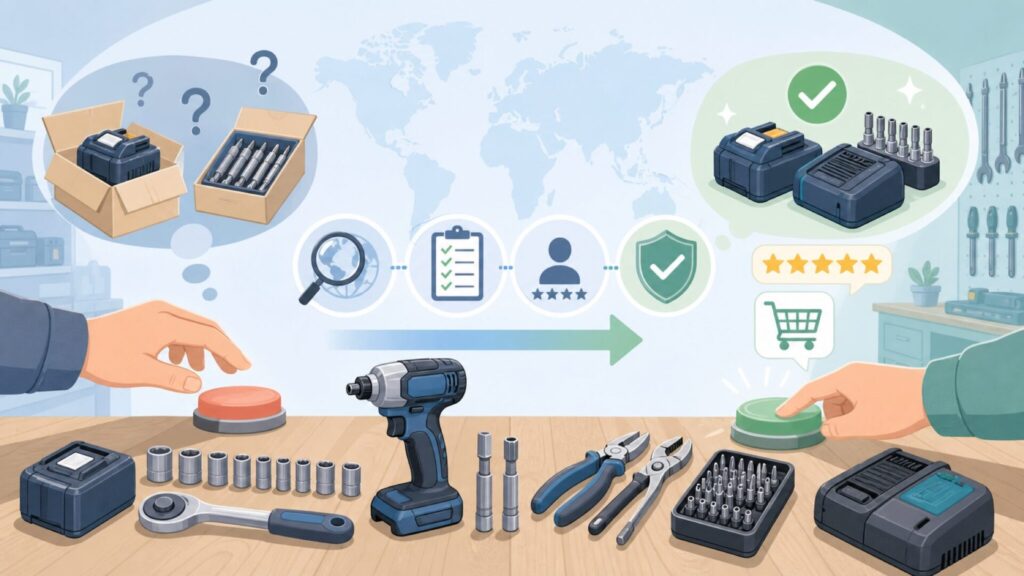 Makita Accessoriesはどこの国？日本企業マキタと出品者表記の正体の要点を表すイラスト