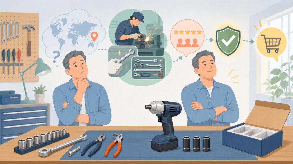KEIBAはどこの国？燕三条が生んだ日本の老舗工具ブランドの要点を表すイラスト