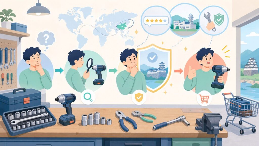藤原産業はどこの国の会社？日本（兵庫県）の老舗工具企業と即確認の要点を表すイラスト