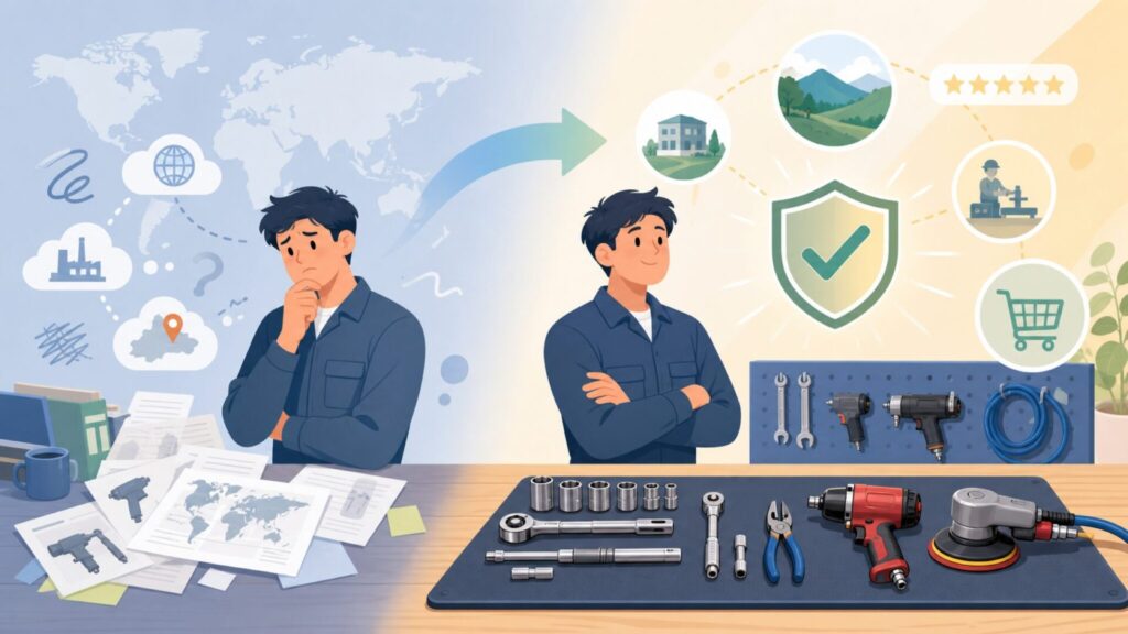 Shinano Pneumaticはどこの国？日本・長野発の専業メーカーを解説の要点を表すイラスト