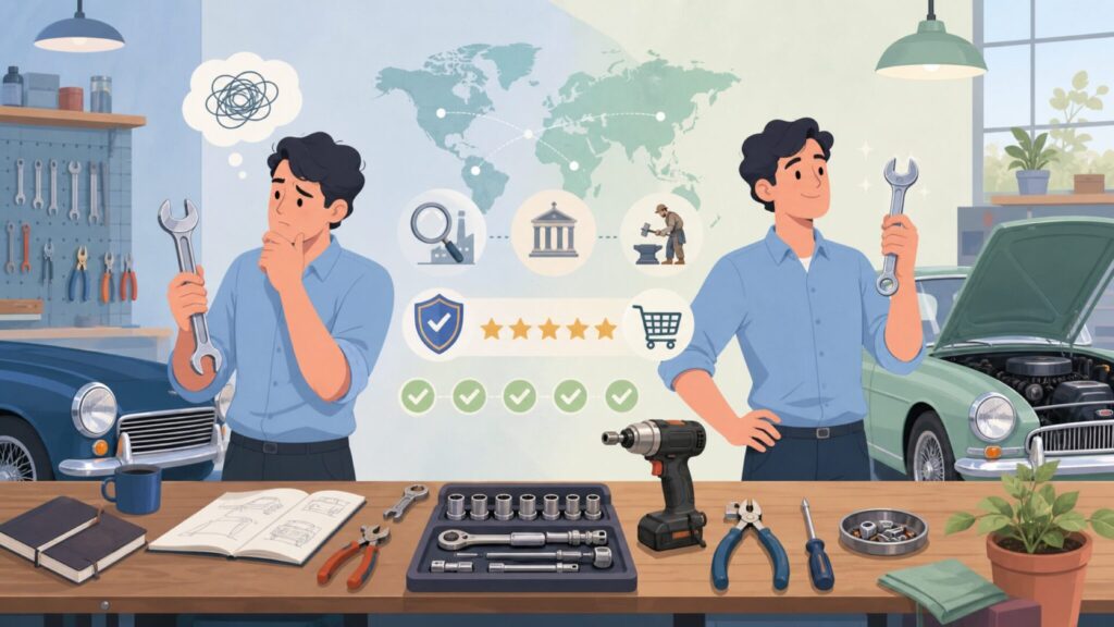 Britoolはどこの国？英国の名門工具ブランドの正体と歴史の要点を表すイラスト
