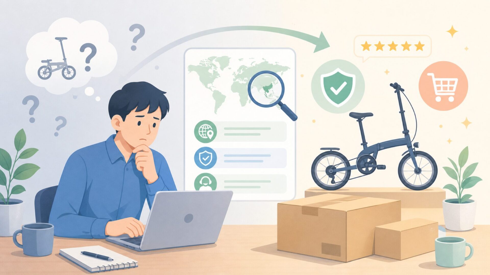 Quinnはどこの国?Harry Quinnは英国発の折りたたみ自転車の要点を表すイラスト