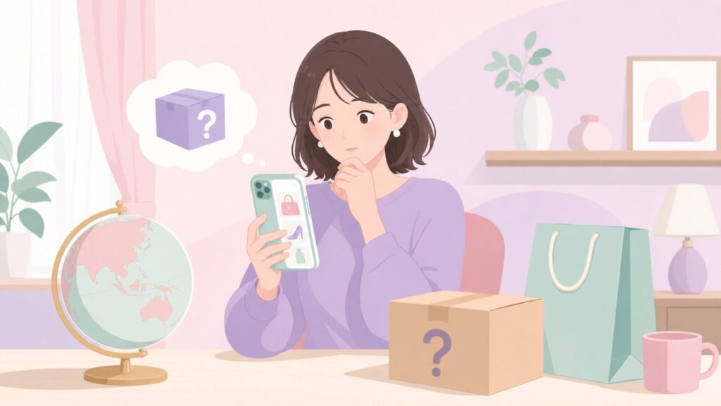 VEIMIAの会社がどこの国か調べる女性のイラスト