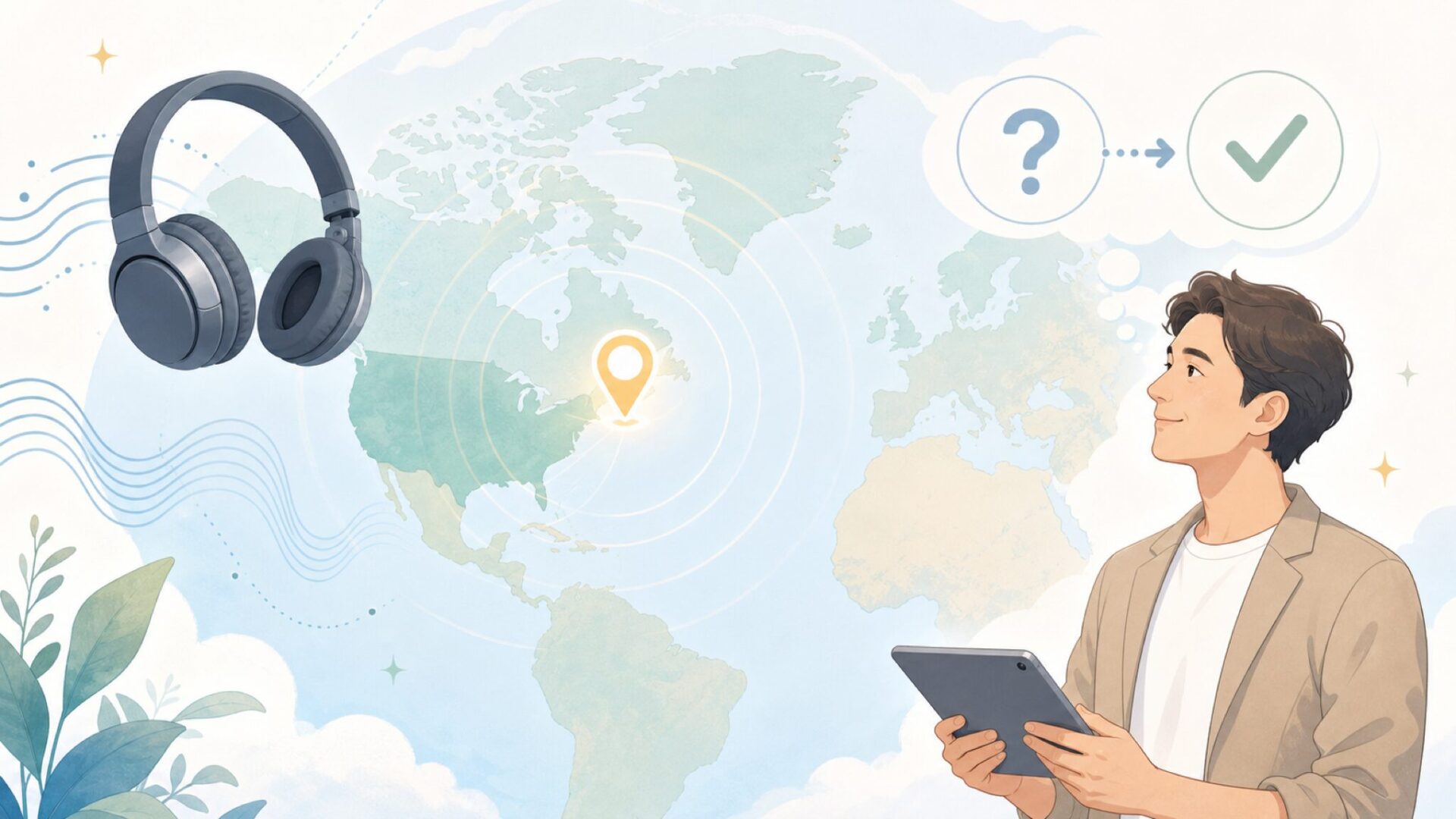 Eversoundがどこの国かを示す世界地図とヘッドホンのフラットイラスト