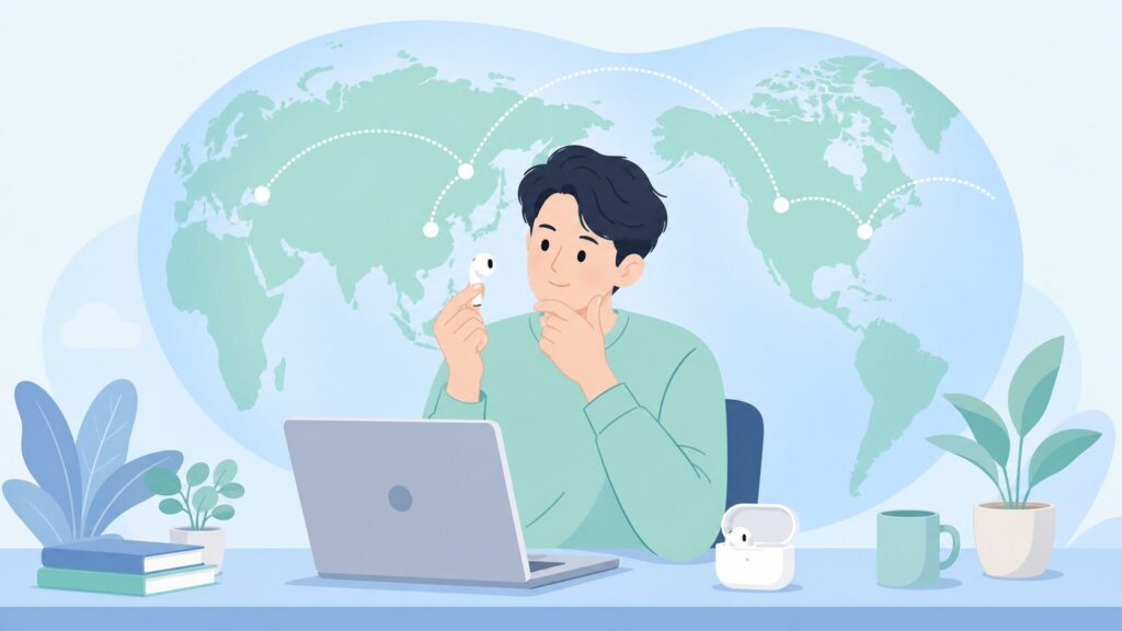 TaoTronics Audioのブランド出身地を調べる男性とグローブのイラスト