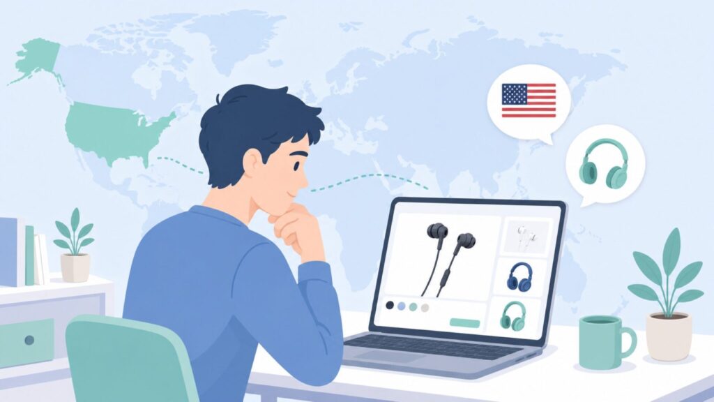 Vivitar Audioのブランド原産国を調べる男性とオーディオ製品のイラスト