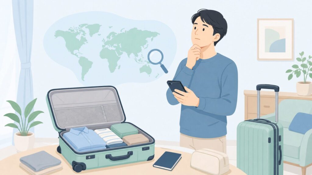 スーツケースのブランド国を調べる人のイラスト