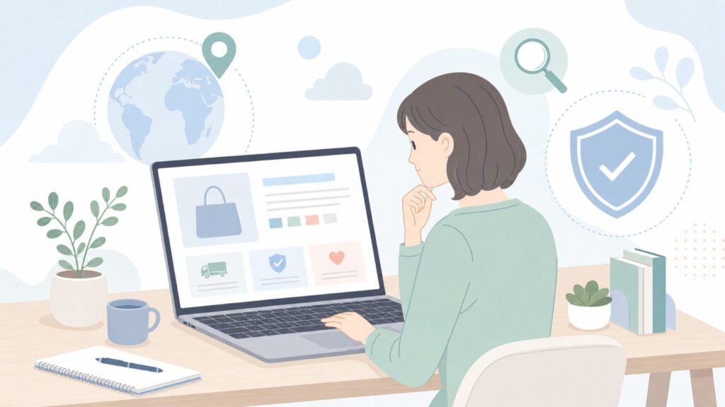 通販ブランドの国や販売元を確認する人のイラスト