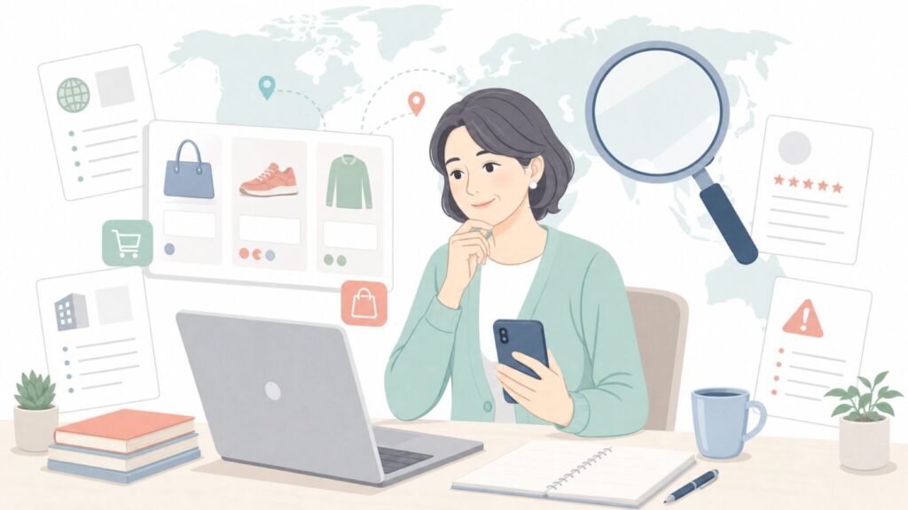 ブランドの国や口コミを調べる買い物客