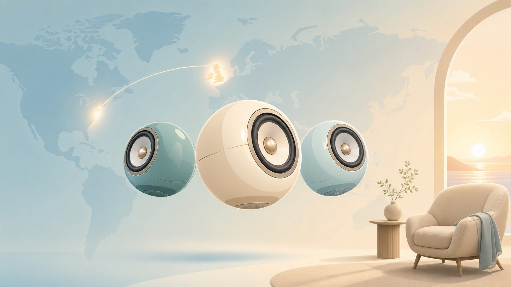 Gallo Acousticsの本拠地と歴史を象徴する球形スピーカーと世界地図のイラスト