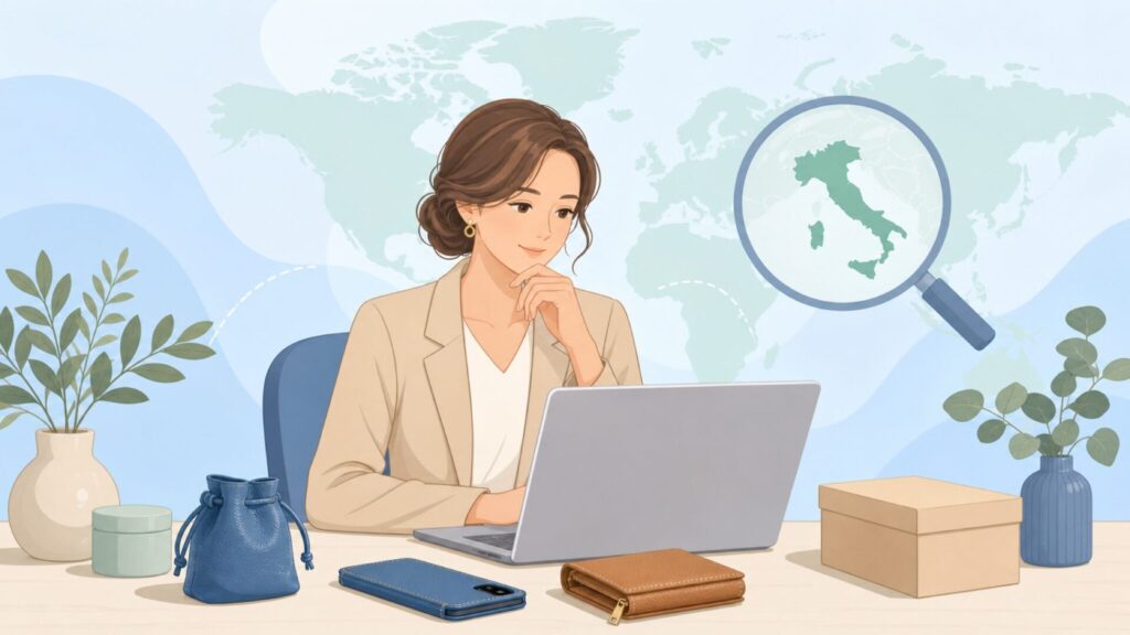 ブランドの国や正体を調べる女性