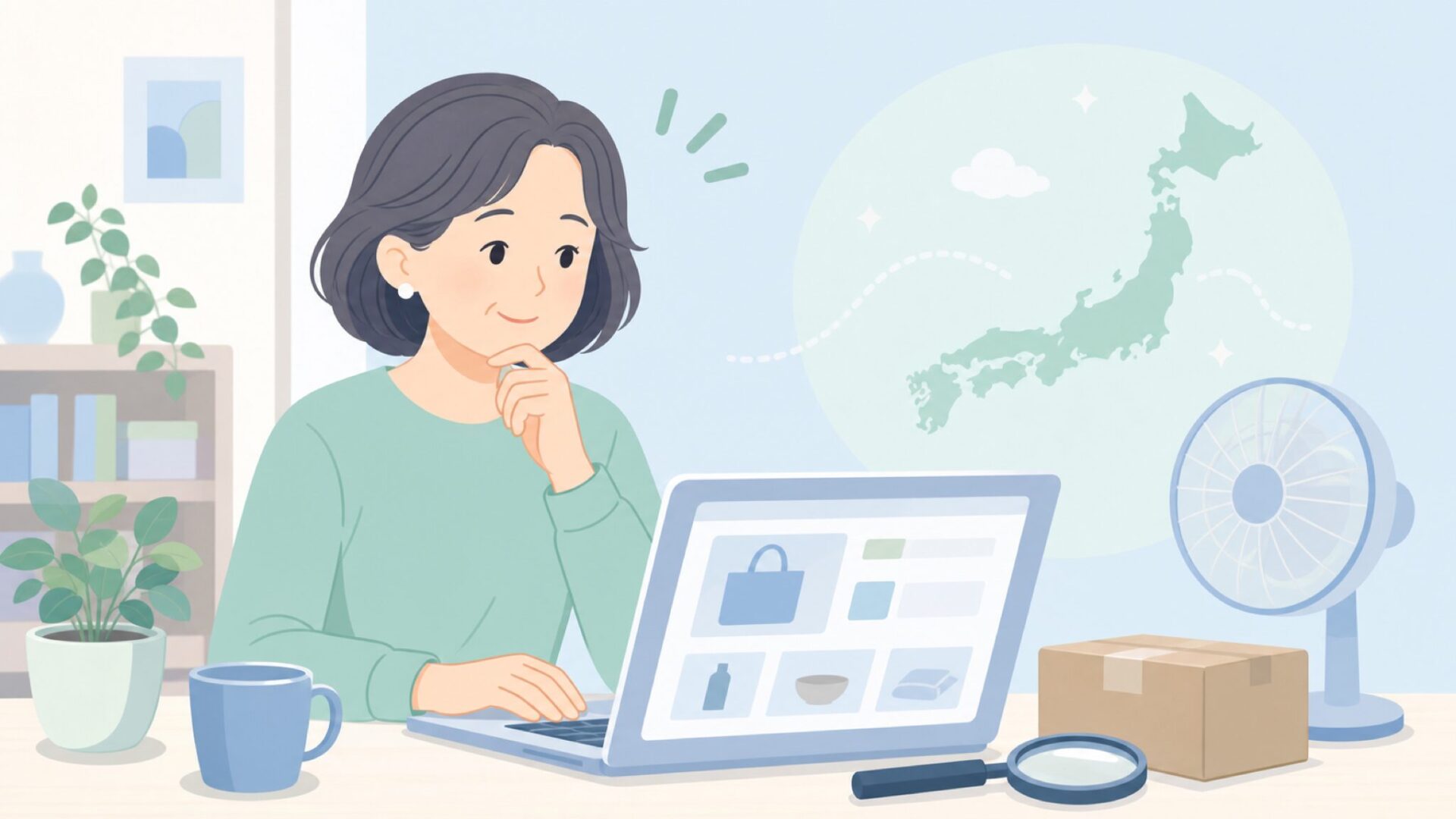 ブランドの国を確認する買い物客のイラスト