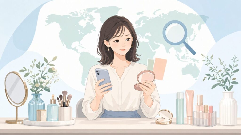 国と購入先を確認する女性とコスメのイラスト