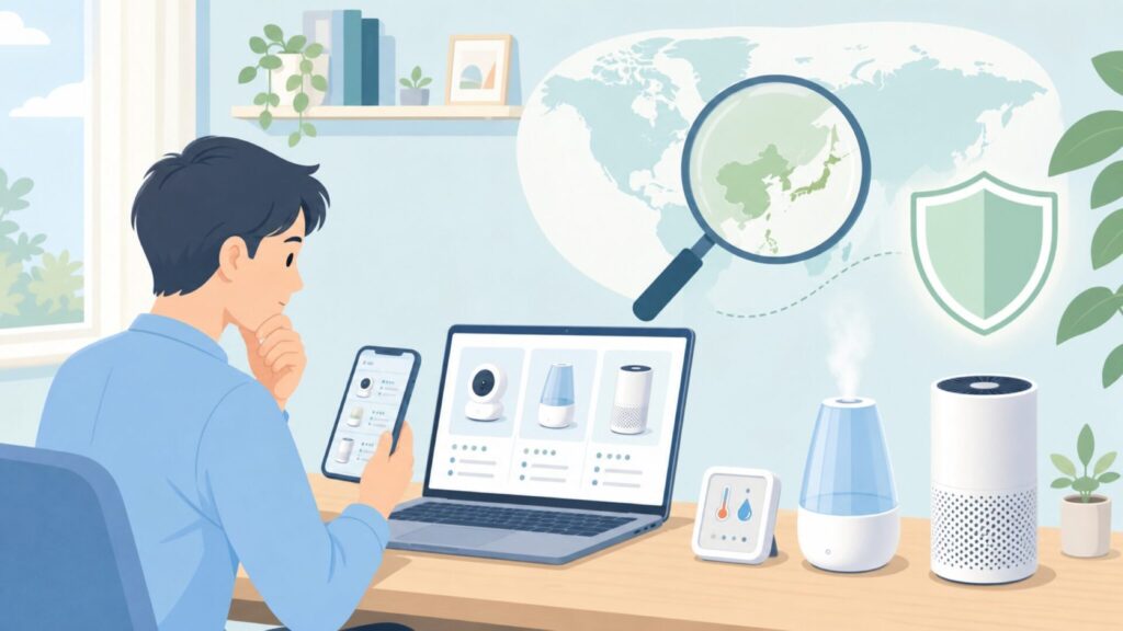 ブランドの国と購入前確認を表すイラスト