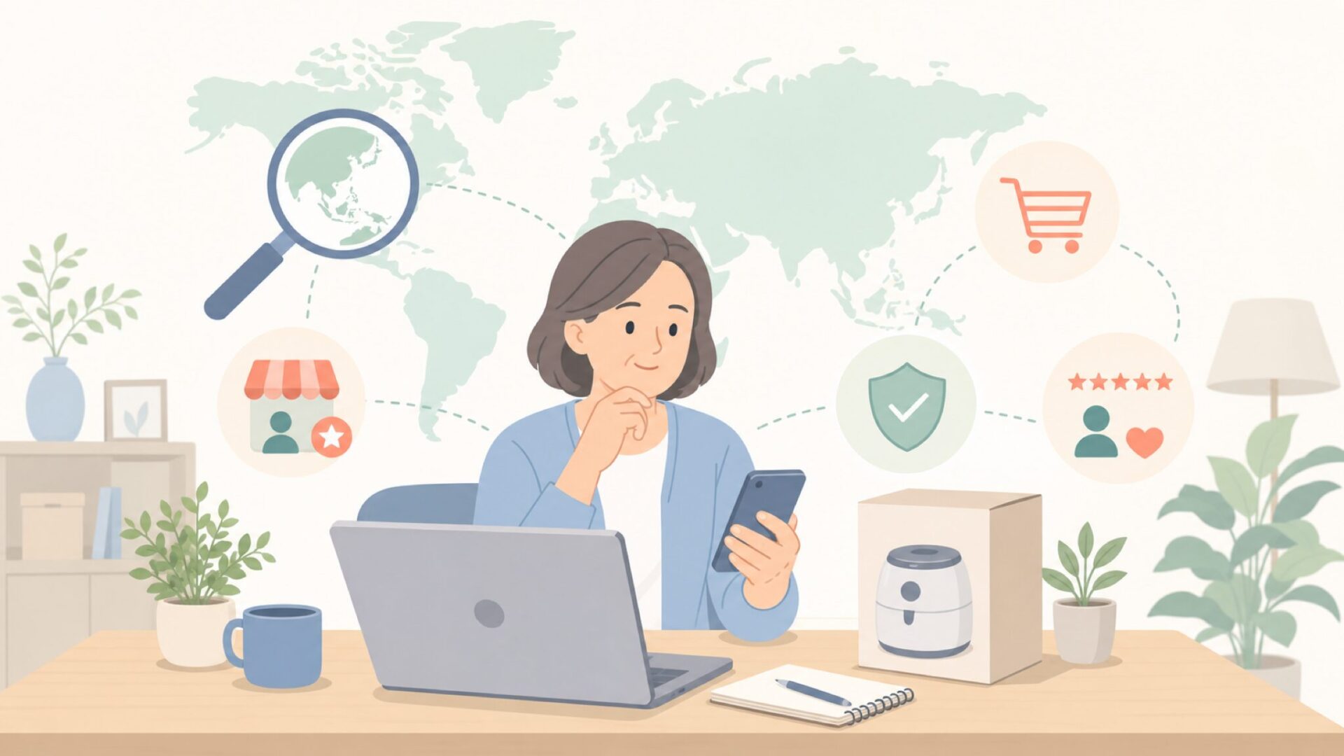 ブランドの国と購入条件を確認する人のイラスト