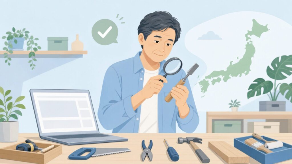 E-Valueの出どころを工具と日本地図で確認する男性