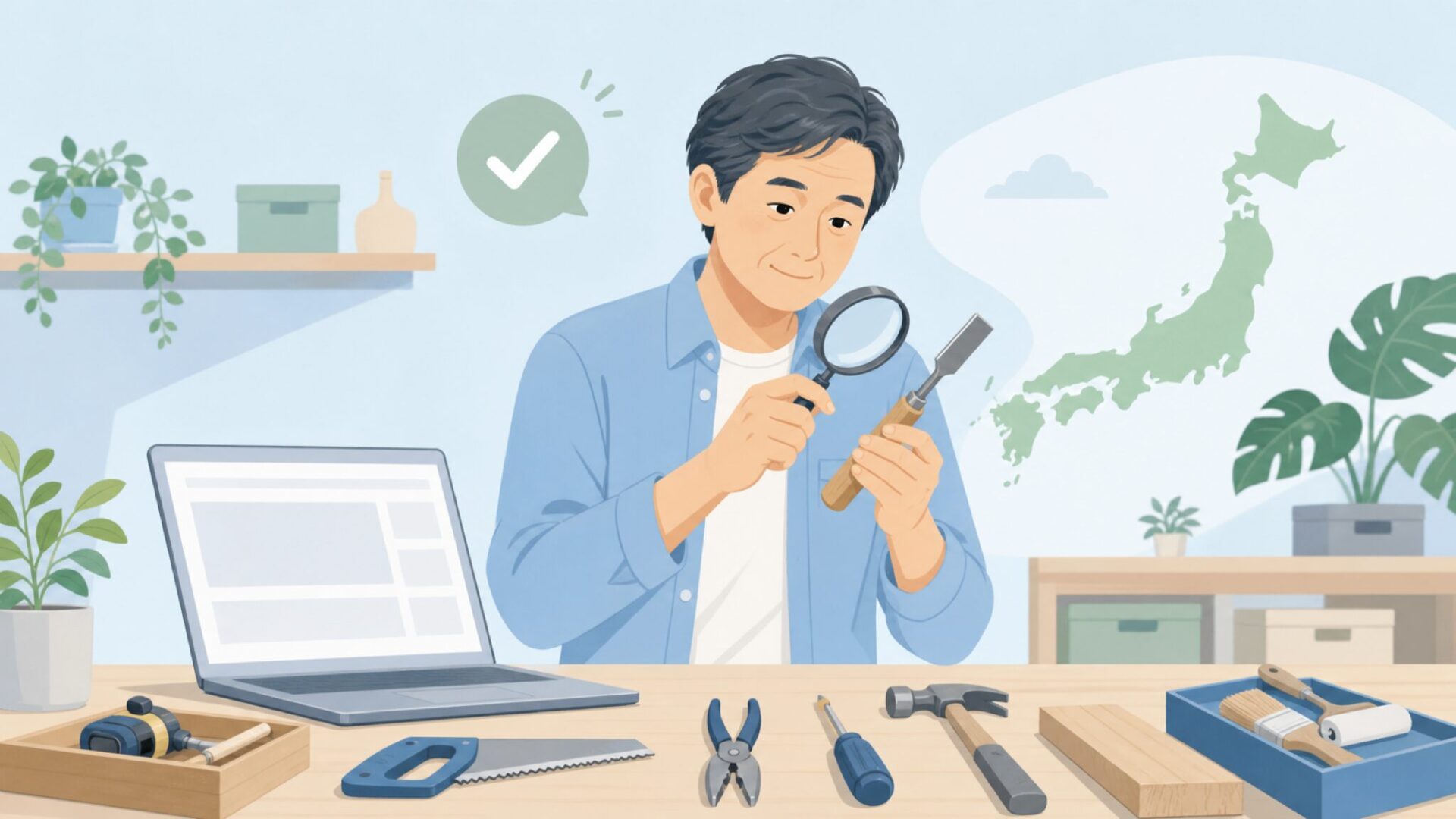 E-Valueの出どころを工具と日本地図で確認する男性