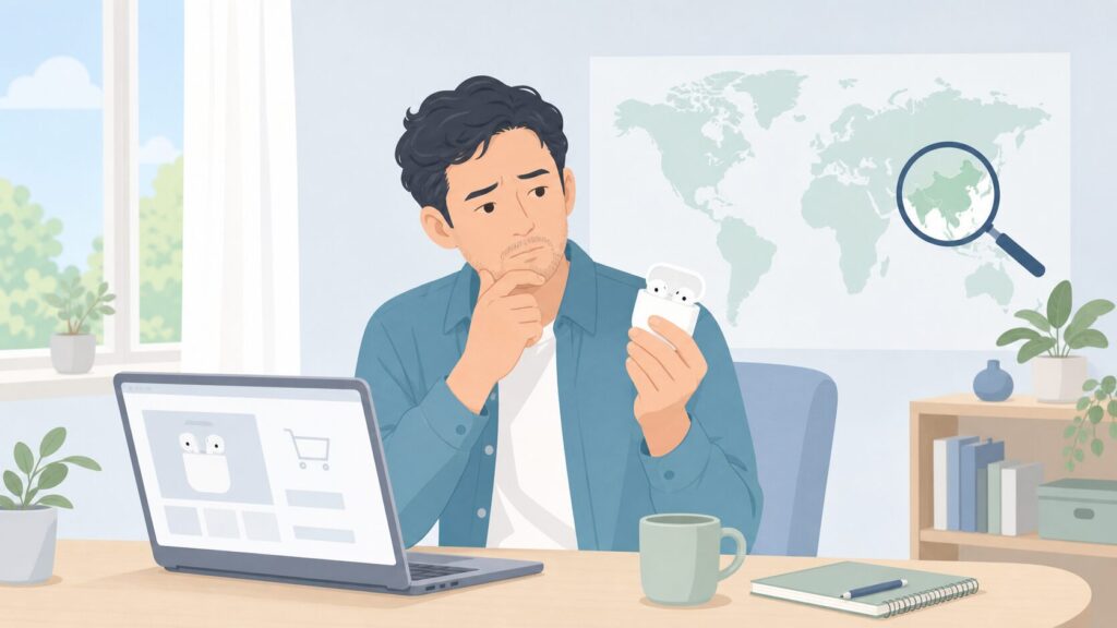 iCleverイヤホンを手にどこの国の製品か調べる男性