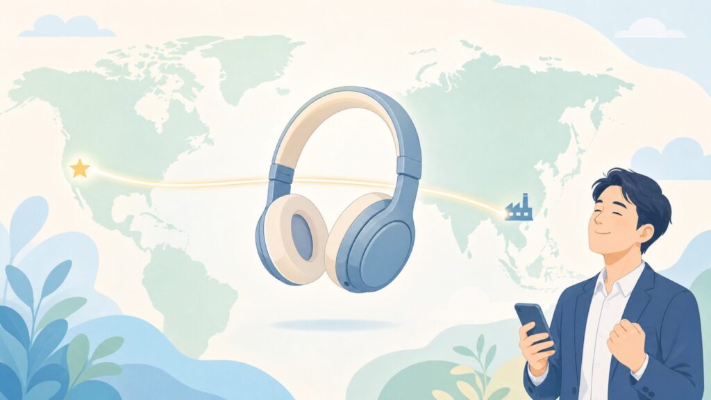 iDeaUSAブランドの米中ハイブリッド構造を象徴するヘッドホンと世界地図のイメージ