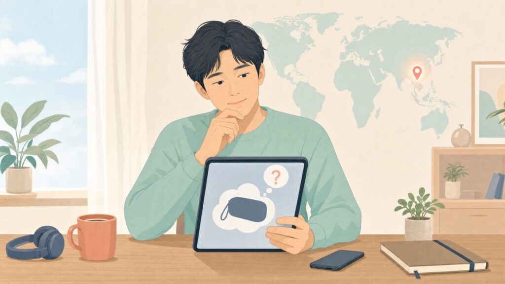 iTeknic Audioのブランド出自を調べる30代男性とアジア地図のフラットイラスト