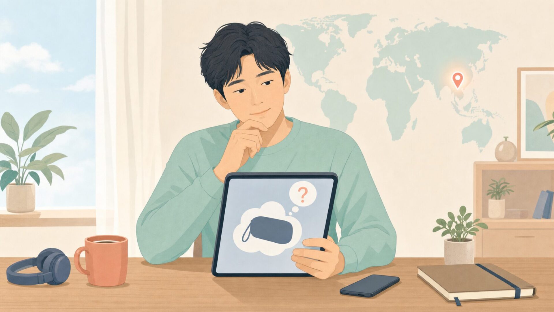 iTeknic Audioのブランド出自を調べる30代男性とアジア地図のフラットイラスト