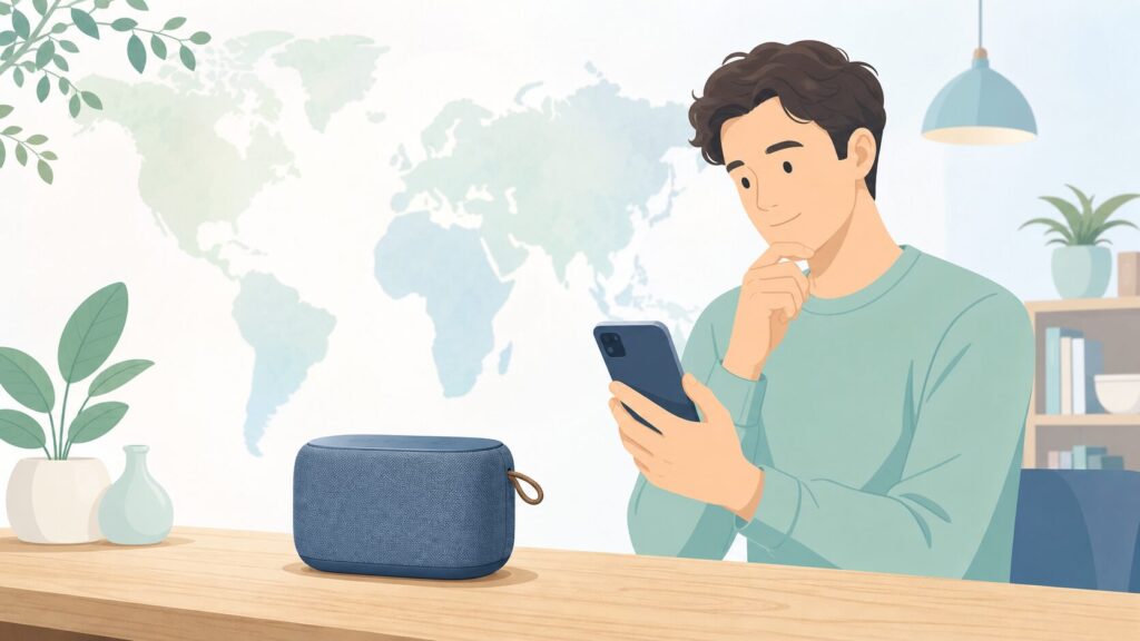 Omaker Audioのブランド出所を調査し安心して購入を決断する男性のイラスト