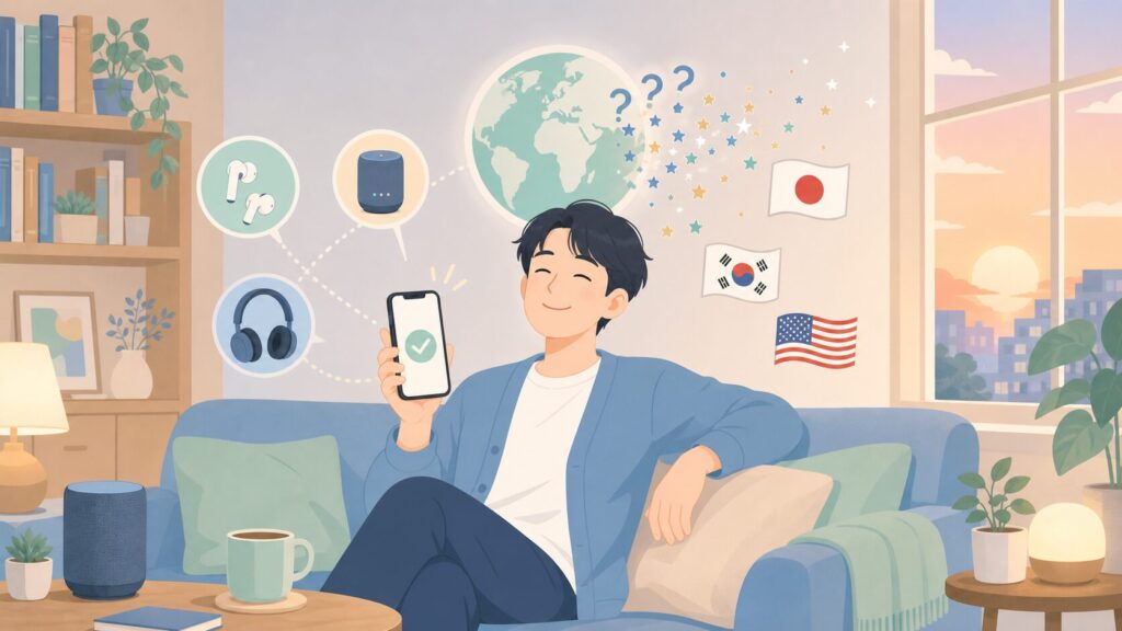 Exogear Audioのブランド国を調べて安心した30代男性のフラットイラスト