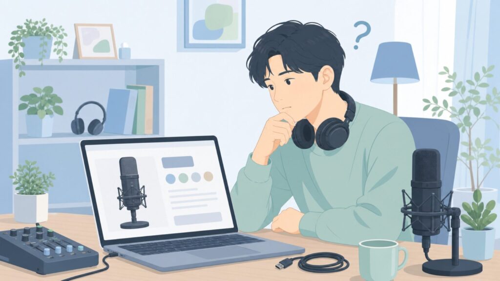 SubZero Audioのブランド調査をする男性とホームスタジオの機材