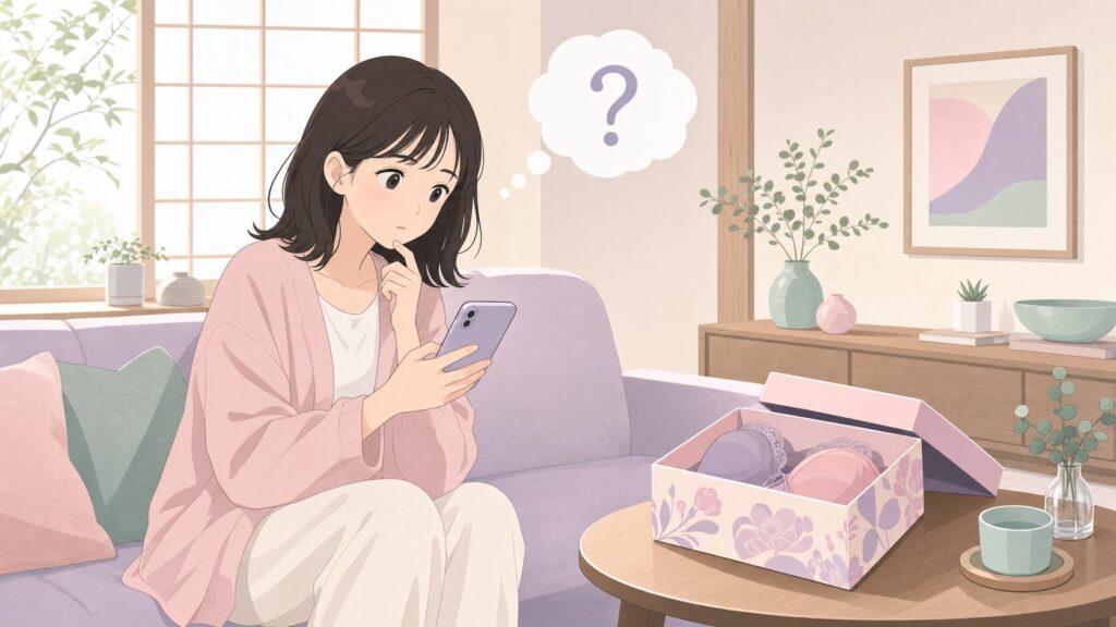 SNSでナイトブラを発見した女性がブランドの信頼性を確認している場面のイラスト
