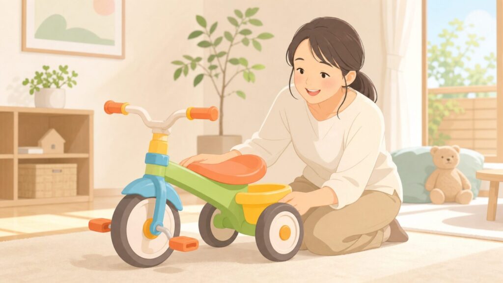 カラフルな三輪車と安心した笑顔の母親を描いたフラットイラスト