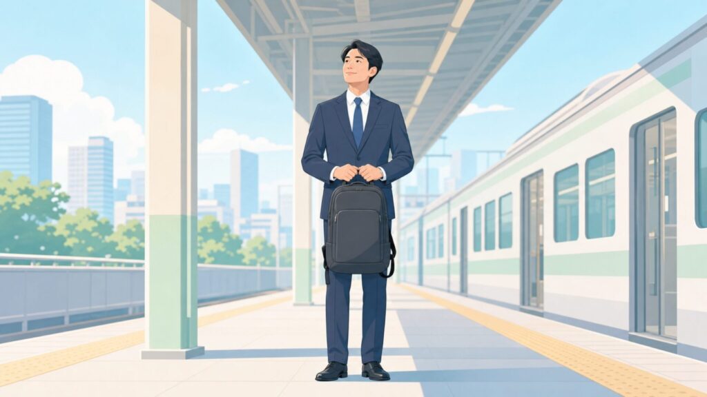 SUNOGEビジネスリュックを手に満足げに立つビジネスマンのイラスト